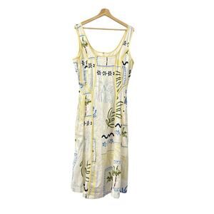 Caroline Constas Linen Rayon Midi Dress Large Yellow White